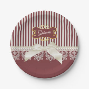 Assiettes En Carton Perles et dentelle Deep Red Stripes Bow et nom