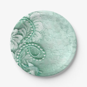 Assiettes En Carton Perles et dentelle épousant l'aqua de