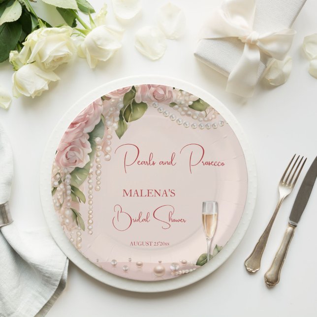 Assiettes En Carton Perles et la douche de mariée de prospect élégant  (Pearls and prosecco bridal shower elegant monogram printed paper plates blush pink roses and pearls)