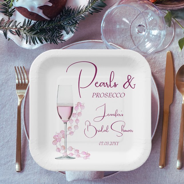 Assiettes En Carton Perles et Prosecco Fête des mariées moderne rose (Créateur téléchargé)