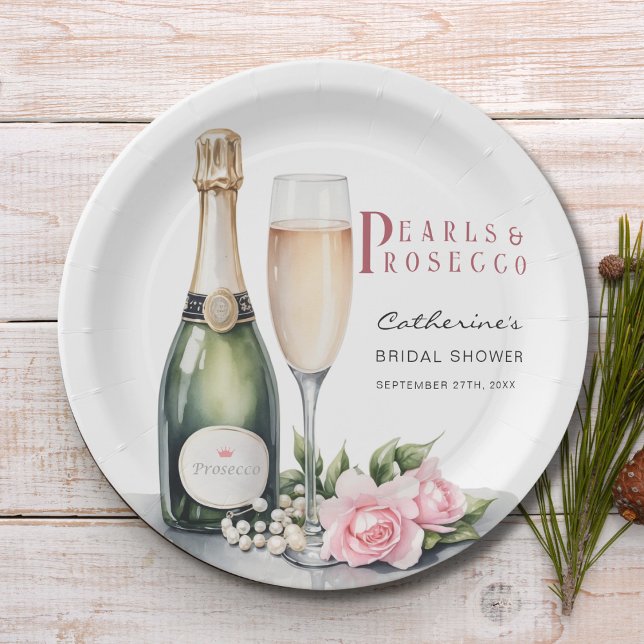 Assiettes En Carton Perles Et Prosecco Floral Élégante Fête des mariée (Créateur téléchargé)