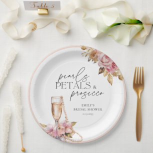 Assiettes En Carton Perles Pétales & Prosecco Fleurs Shower de Mariée