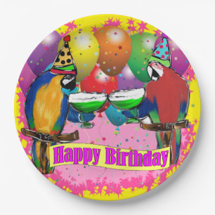 ASSIETTES EN CARTON PERROQUETS D'ANNIVERSAIRE