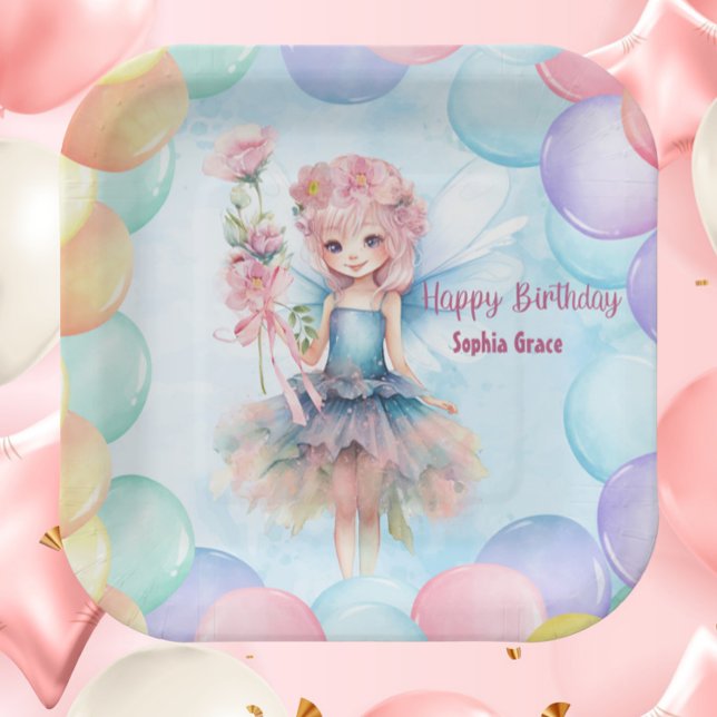 Assiettes En Carton Personalized Cute Blue Fairy Birthday Paper Plates (Personalized Blue Fairy Birthday Paper Plates – Custom Name Party Decor with Balloons

)