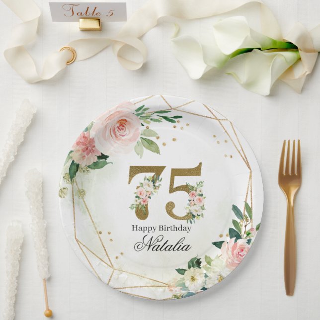 Assiettes En Carton Personalized Gold & Floral 75th Custom (Mariage)