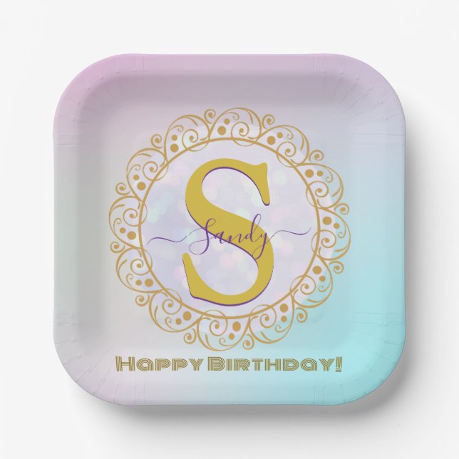 Assiettes En Carton Personalized Monogram Mandala Gold and Blue (Recto)