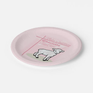 Assiettes En Carton Personnalisable, Baptême, Rose, Fille, Agneau