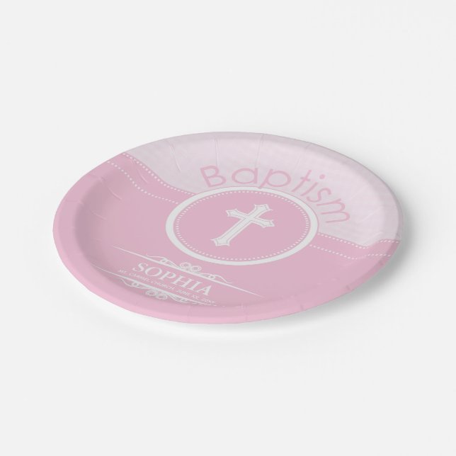 Assiettes En Carton Personnalisable, fille rose enfant de Dieu Baptême (Angle)