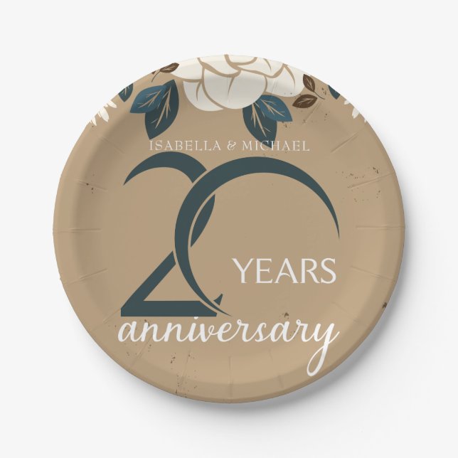 Assiettes En Carton Personnalisé 20e anniversaire Mariage Rustique (Devant)