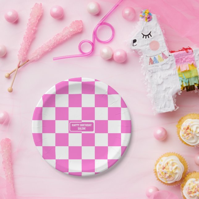 Assiettes En Carton Personnalisé À damiers Neon Rose Highlight (Fête)