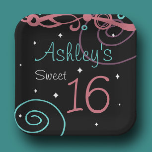 Assiettes En Carton Personnalisé Black Sweet 16 Plaques de fête d'anni