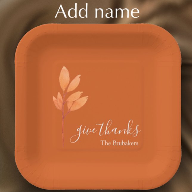Assiettes En Carton Personnalisé Burange Boho Donner Merci Thanksgivin (Custom name Thanksgiving paper plate. Original watercolor on burnt orange. Give thanks script.)