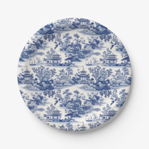 Assiettes En Carton Personnalisé Chinoiserie Motif Pagode Bleu