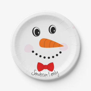 Assiettes En Carton Personnalisé Happy Face Snowman Red Bowtie
