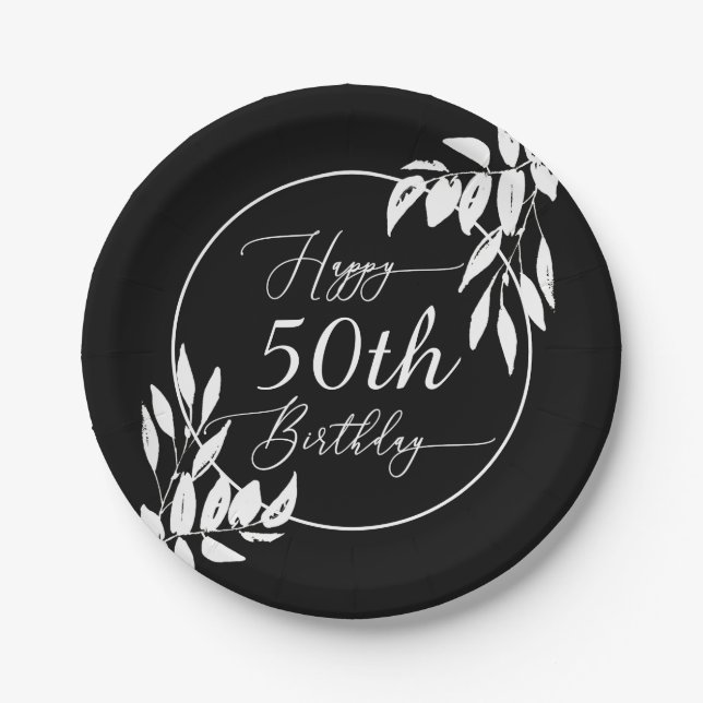Assiettes En Carton Personnalisé Joyeux 50e anniversaire Noir & Blanc  (Devant)