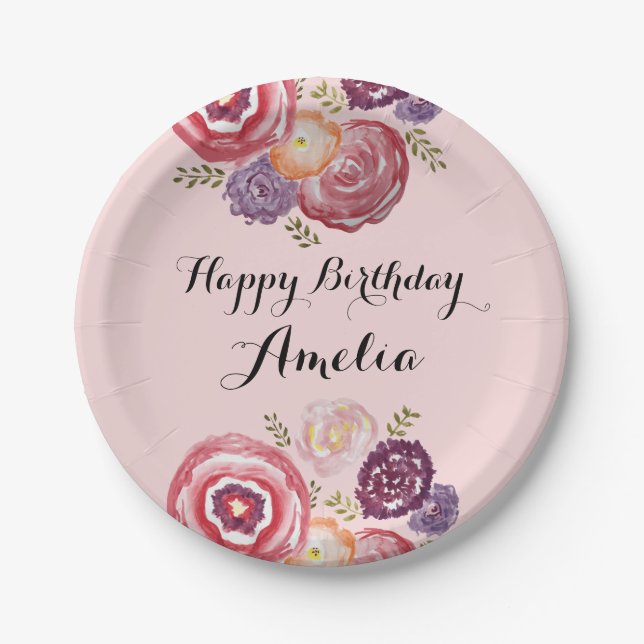Assiettes En Carton Personnalisé Joyeux Anniversaire rose Plate de pap (Devant)