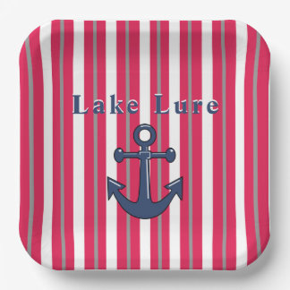 Assiettes En Carton Personnalisé Lac ou Plage Rayé Rouge Blanc