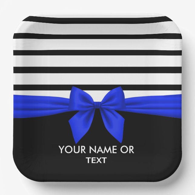 Assiettes En Carton Personnalisé noir blanc rayé Noël bleu Bow (Recto)