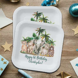 Assiettes En Carton Personnalisé Nom Safari Animaux Palm Trees Anniver