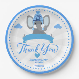 Assiettes En Carton Personnalisé Rustic Blue Elephant Baby shower garç