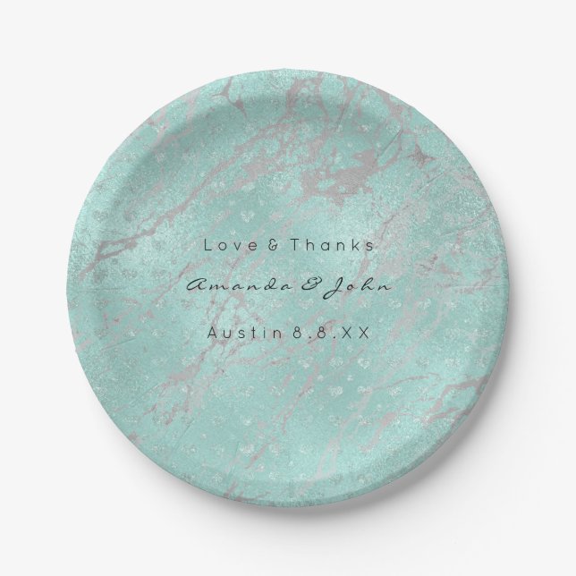 Assiettes En Carton Personnalisé Tiffany Grey Hearts Silver Marble VIP (Devant)