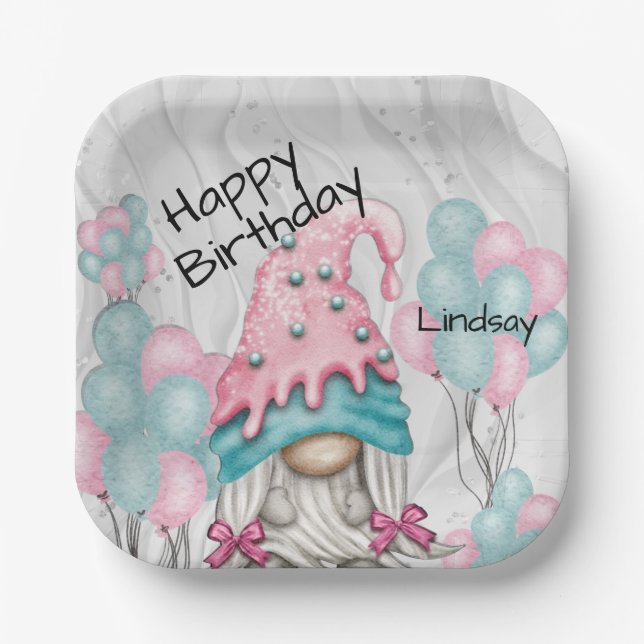 Assiettes En Carton Personnaliser Gnome anniversaire pour son rose Tur (Recto)