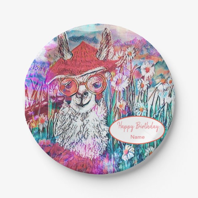Assiettes En Carton Personnaliser Joyeux anniversaire Mama Llama (Devant)