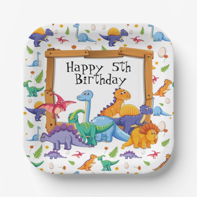 Assiettes En Carton Personnaliser l'âge Anniversaire de dinosaure  (Recto)