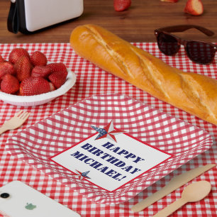 Assiettes En Carton Personnaliser le nom Juillet Anniversaire Rouge Bl