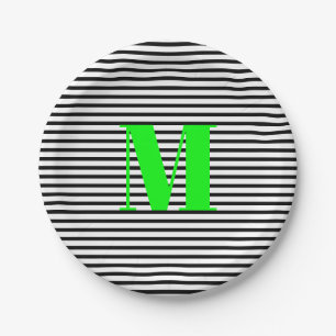 Assiettes En Carton Personnaliser néon vert monogramme noir blanc rayu