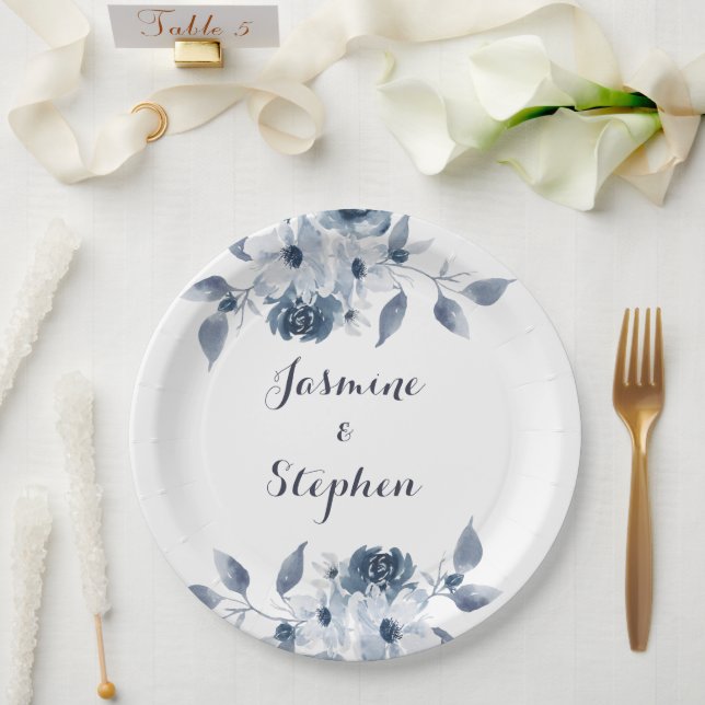 Assiettes En Carton Personnaliser Plaques Florales Bleues (Mariage)