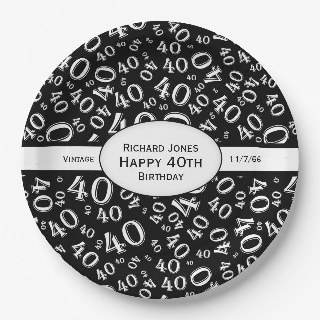 Assiettes En Carton Personnalisez :  Quarantième thème noir et blanc (Devant)