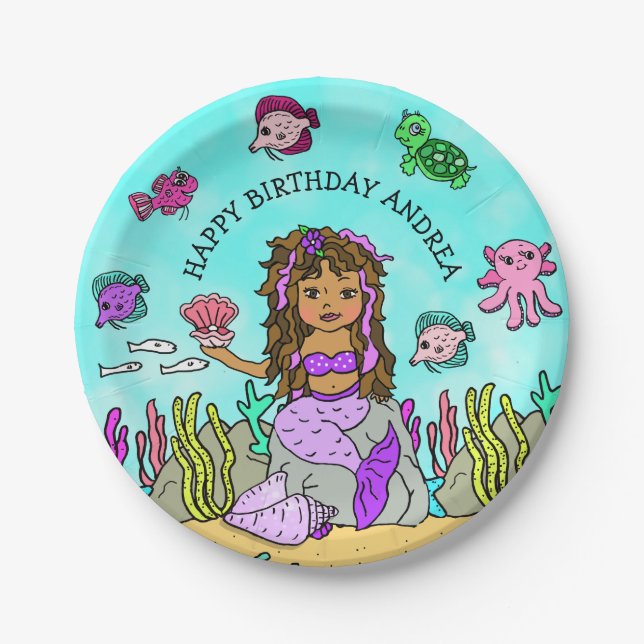 Assiettes En Carton Pesonalized Ethnic Main darn Mermaid Anniversaire (Devant)