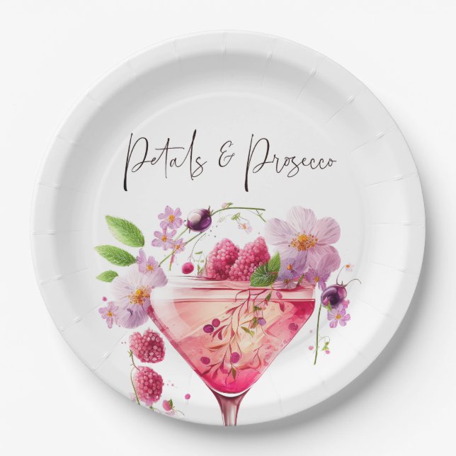 Assiettes En Carton Pétales et Prosecco Fête des mariées florale rose  (Devant)
