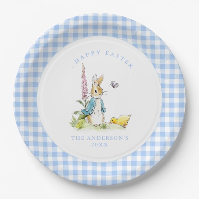 Assiettes En Carton Peter Rabbit Bleu En vichy frontière Brunch de Pâq (Devant)