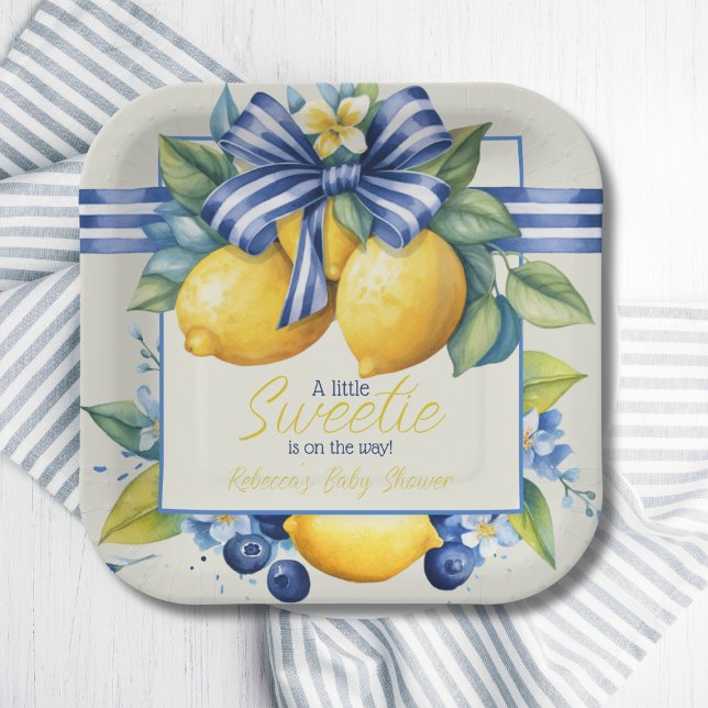 Assiettes En Carton Petit Baby shower citron en carreaux bleu doux (Créateur téléchargé)