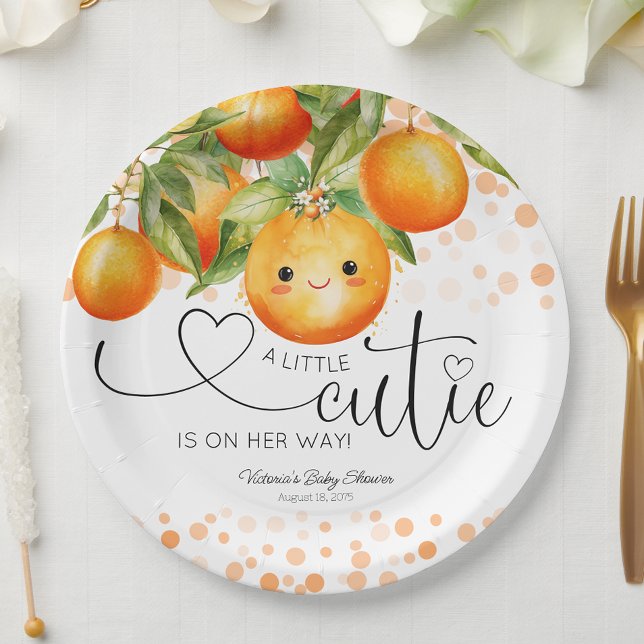 Assiettes En Carton Petit Baby shower de Citrus orange Cutie (Little cutie baby shower paper plates with adorable little face. You can add text to personalize.)