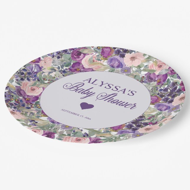 Assiettes En Carton Petit Baby shower de fille rose violet (Angle)