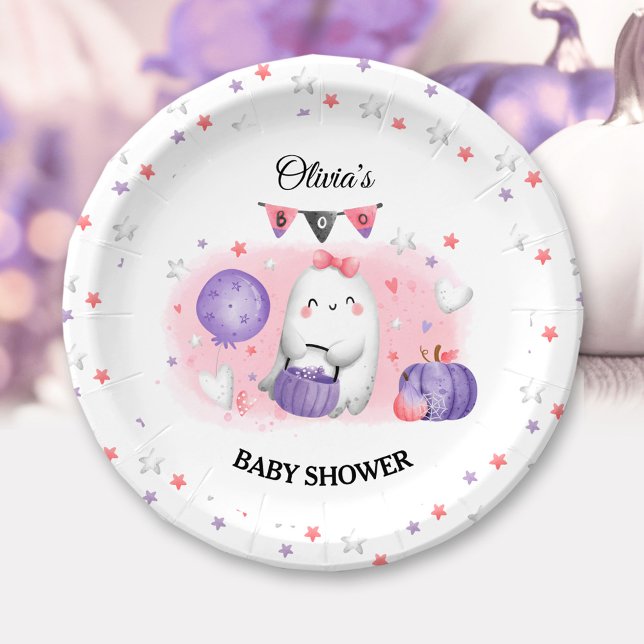 Assiettes En Carton Petit Baby shower d'Halloween de fille rose Boo (Little Boo Pink Girl Halloween Baby Shower Paper Plates)