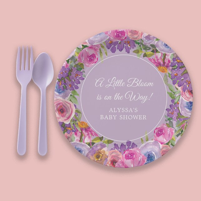 Assiettes En Carton Petit Baby shower Floral rose pourpre (Pink and purple watercolor floral "Little bloom" baby girl shower paper plate)