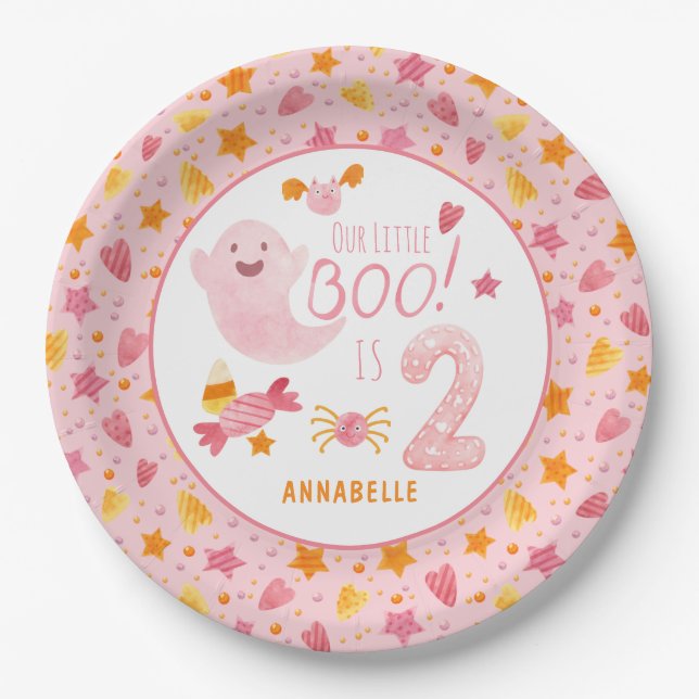 Assiettes En Carton Petit Boo Fantôme Rose, deux ans (Devant)