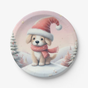 Assiettes En Carton Petit chiot de Noël en chapeau santa