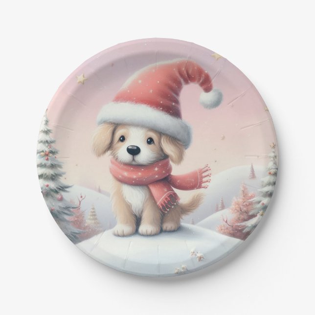 Assiettes En Carton Petit chiot de Noël en chapeau santa (Devant)