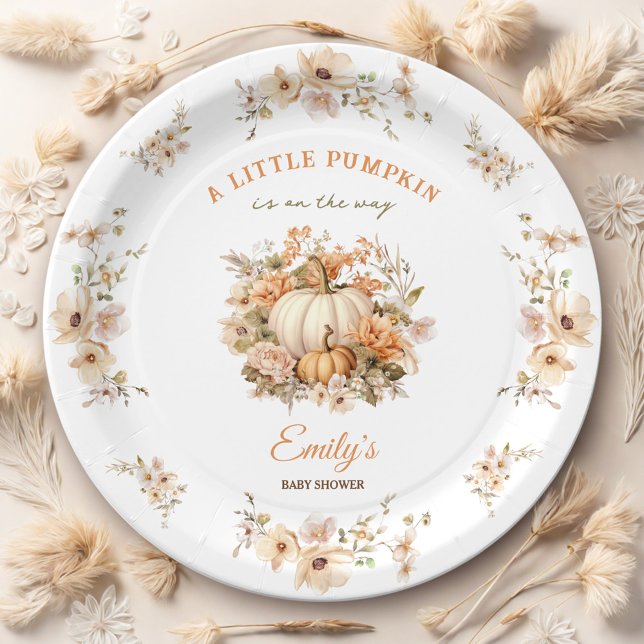 Assiettes En Carton Petit Citrouille En Voie Baby shower Neutre (Little Pumpkin Is On The Way Neutral Baby Shower Paper Plates)