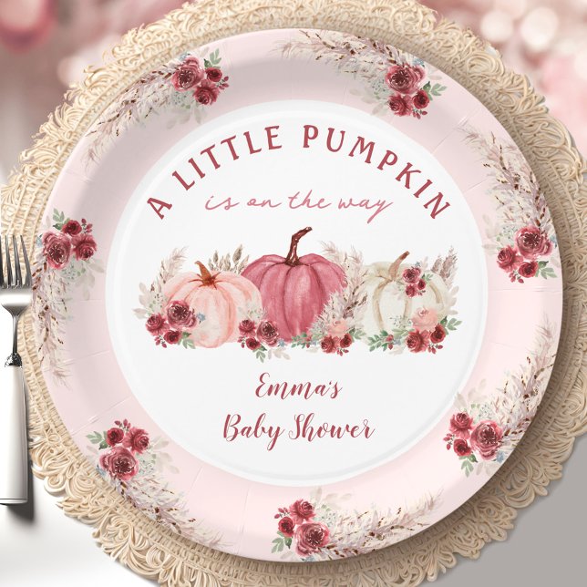 Assiettes En Carton Petit Citrouille Marsala Fall Girl Baby shower (Little Pumpkin Marsala Fall Girl Baby Shower Pink Paper Plates)