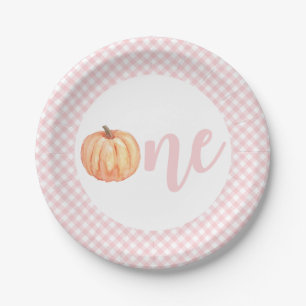Assiettes En Carton Petit Citrouille rose pastel plaid premier anniver