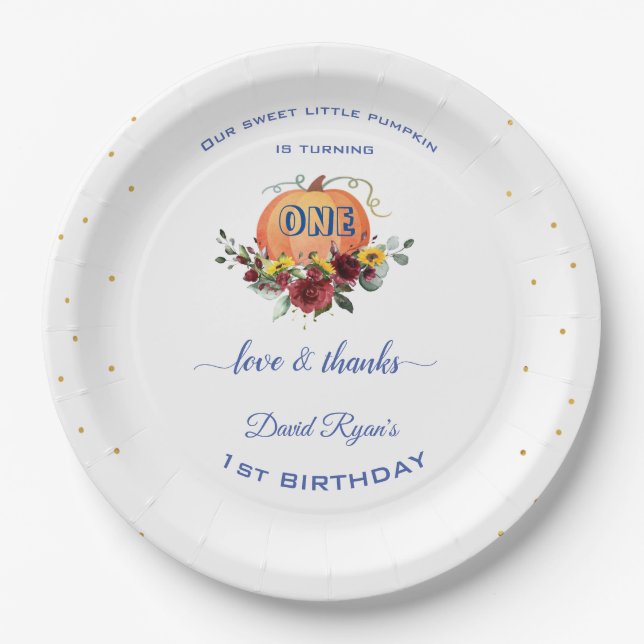 Assiettes En Carton Petit Citrouille Thanksgiving 1er anniversaire (Devant)