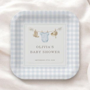 Assiettes En Carton Petit Cowboy Gingham Bleu Fête de Naissance Garçon