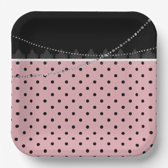 Assiettes En Carton Petit-déjeuner & Brunch pois rose et noir (Recto)