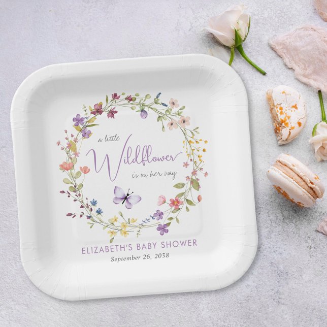 Assiettes En Carton Petit Fleur sauvage Aquarelle Bébé Fille Douche (Créateur téléchargé)